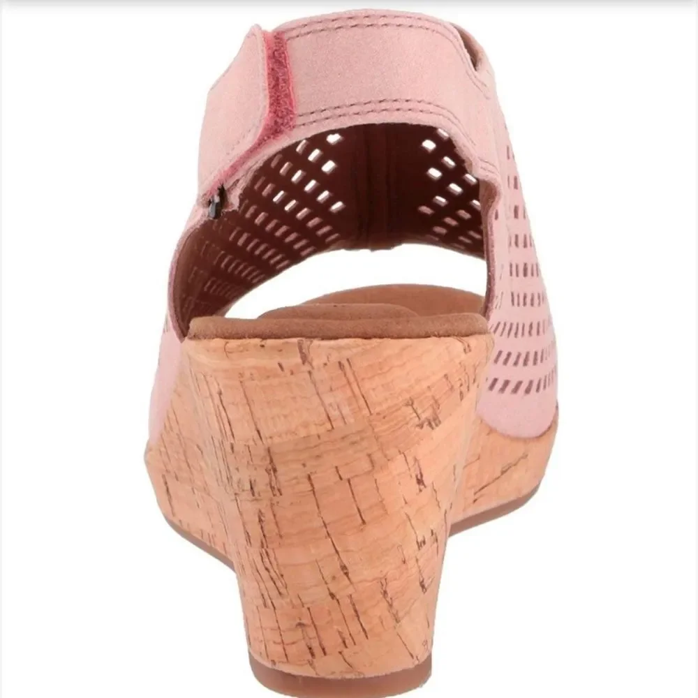 ROCKPORT Briah Perforated Slingback Cork Wedge Leather Sandal Pink Shimmer 9 NEW
